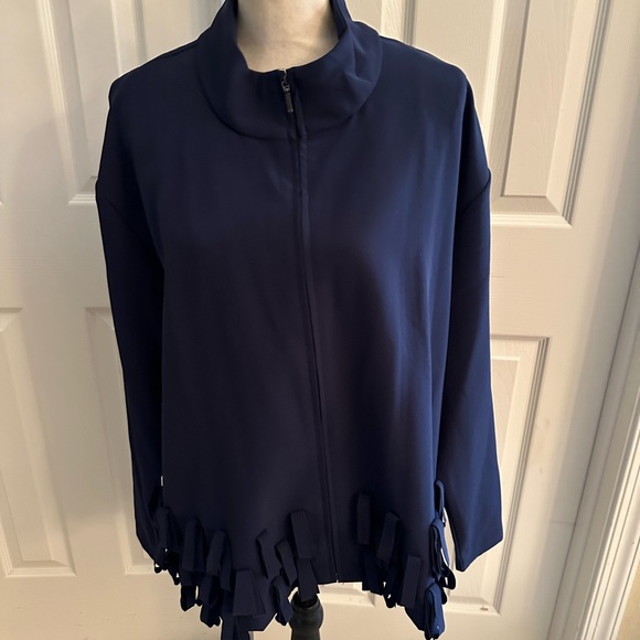 NWOT Large navy front zip jacket w/ fashionable loop designs and mandarin collar - Picture 5 of 8